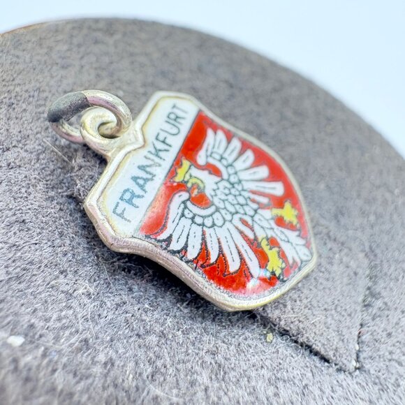 800 Silver Red & White Enamel Frankfurt Shield Design Charm Size 0.75" Length - Picture 3 of 8